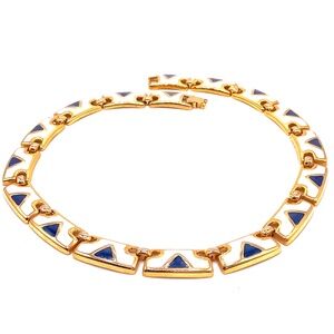 Vintage Statement Blue Gold Enamel Necklace 17”